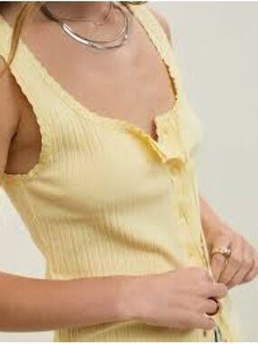 aerie Pale Yellow Ribbed Button Tank